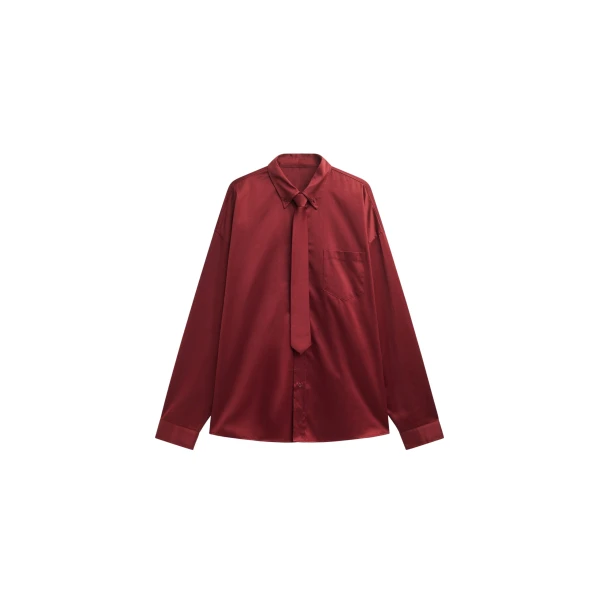 The Frankie Shop Havelock Oversized Neck-Tie Shirt - Dark Red - Oversized Minimalist Tops in Red - Shop at Coveti