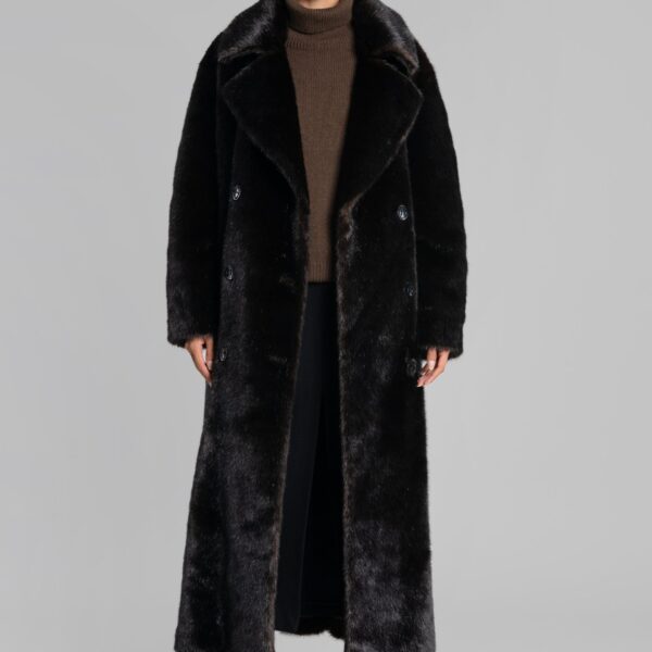 The Frankie Shop Joni Faux Fur Coat - Dark Espresso - Oversized Minimalist Coats in Brown - Shop at Coveti