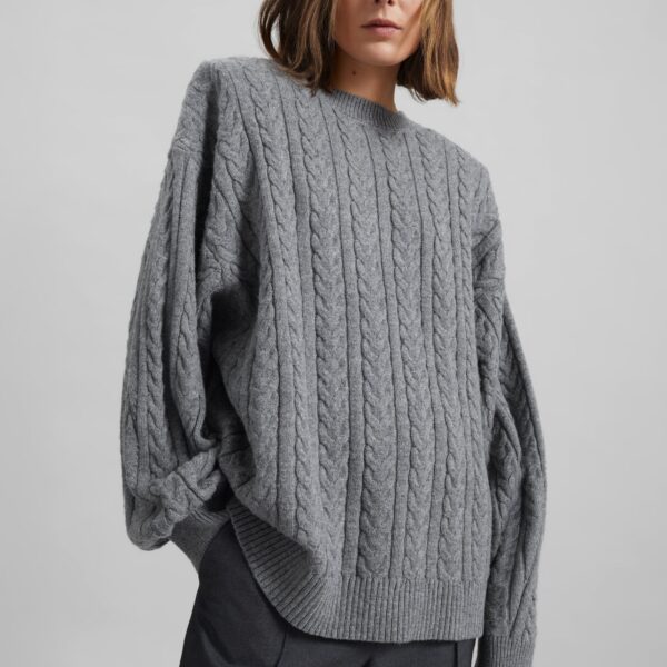 The Frankie Shop Karmoy Cable Knit Padded Sweater - Grey - Oversized Minimalist Knitwear in Grey - Shop at Coveti