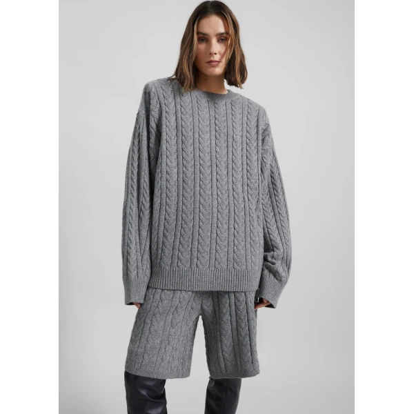 The Frankie Shop Karmoy Cable Knit Padded Sweater – Grey, view 3