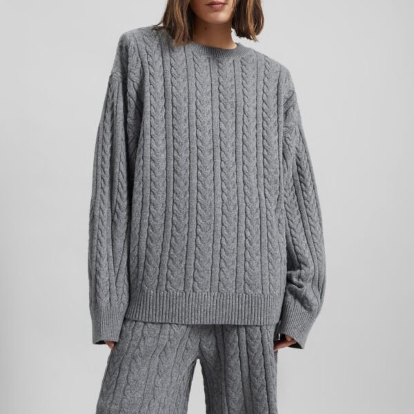 The Frankie Shop Karmoy Cable Knit Padded Sweater - Grey - Oversized Minimalist Knitwear in Grey - Shop at Coveti