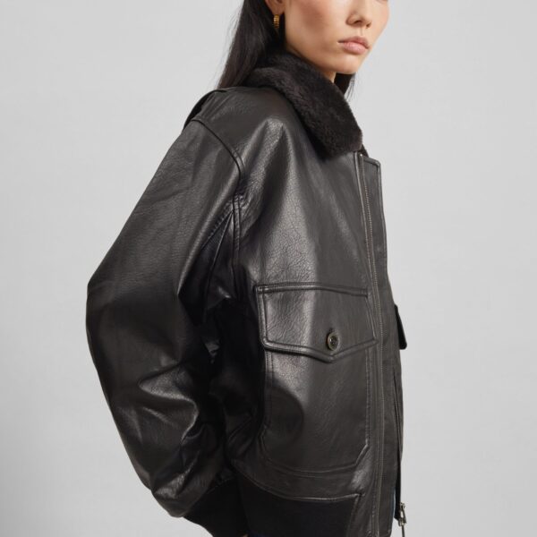 The Frankie Shop Kollam Faux Leather Boxy Jacket - Black - Oversized Minimalist Jackets in Black - Shop at Coveti