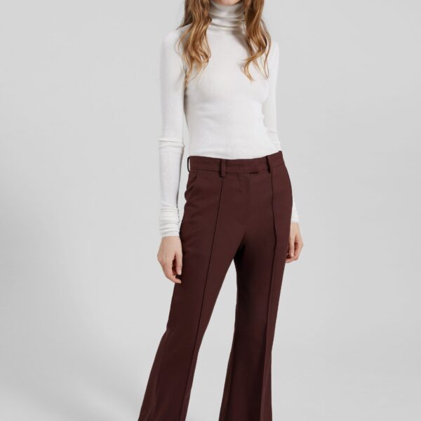 The Frankie Shop Kvale Pintuck Flared Trousers - Burgundy - Oversized Minimalist Pants in Red - Shop at Coveti