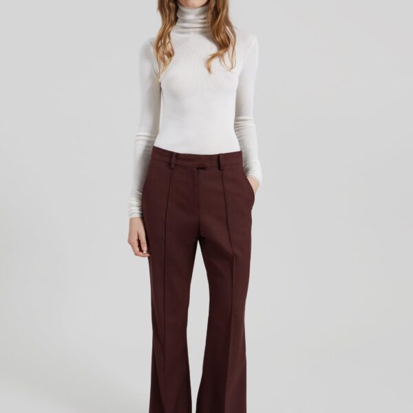 The Frankie Shop Kvale Pintuck Flared Trousers - Burgundy - Oversized Minimalist Pants in Red - Shop at Coveti