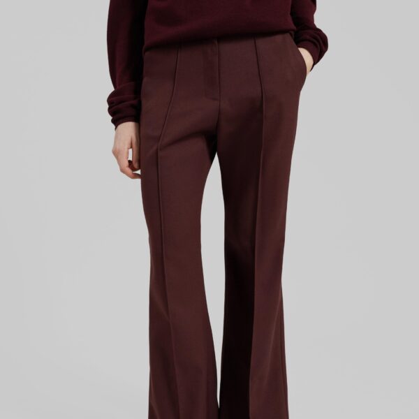 The Frankie Shop Kvale Pintuck Flared Trousers - Burgundy - Oversized Minimalist Pants in Red - Shop at Coveti