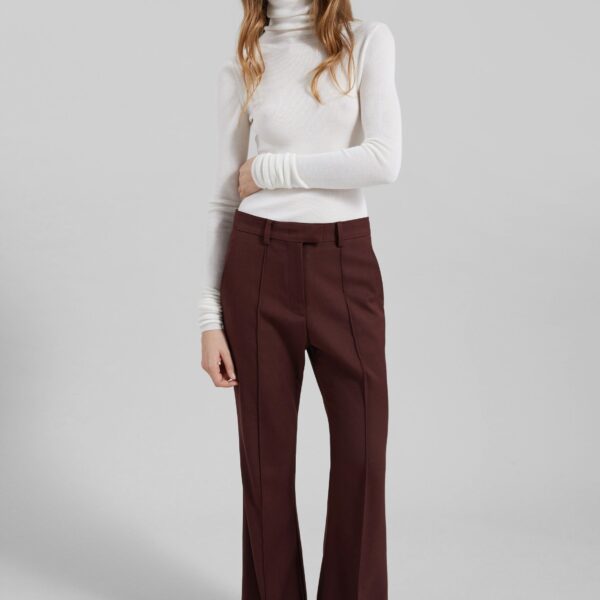The Frankie Shop Kvale Pintuck Flared Trousers - Burgundy - Oversized Minimalist Pants in Red - Shop at Coveti