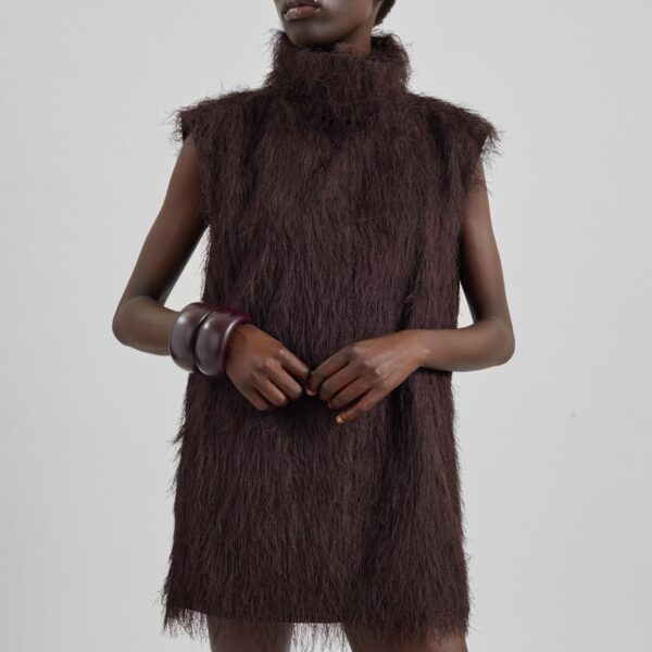 The Frankie Shop Lancy Fringed Funnel Neck Dress - Dark Brown - Oversized Minimalist Dresses in Brown - Shop at Coveti