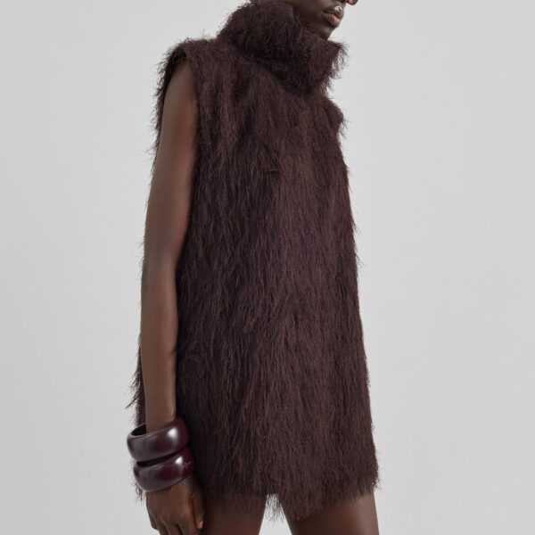 The Frankie Shop Lancy Fringed Funnel Neck Dress - Dark Brown - Oversized Minimalist Dresses in Brown - Shop at Coveti