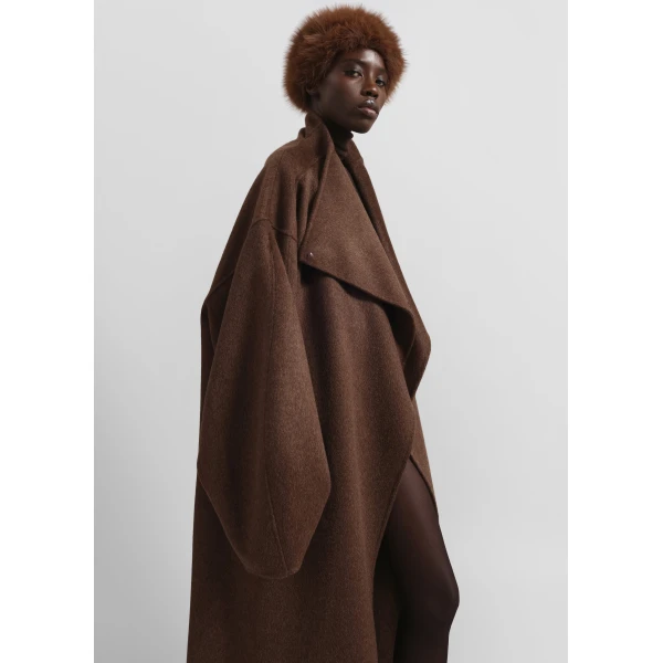The Frankie Shop Leroy Funnel Neck Wool Coat – Brown Melange, view 3