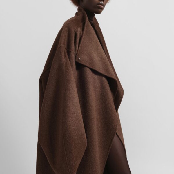 The Frankie Shop Leroy Funnel Neck Wool Coat - Brown Melange - Oversized Minimalist Coats in Brown - Shop at Coveti