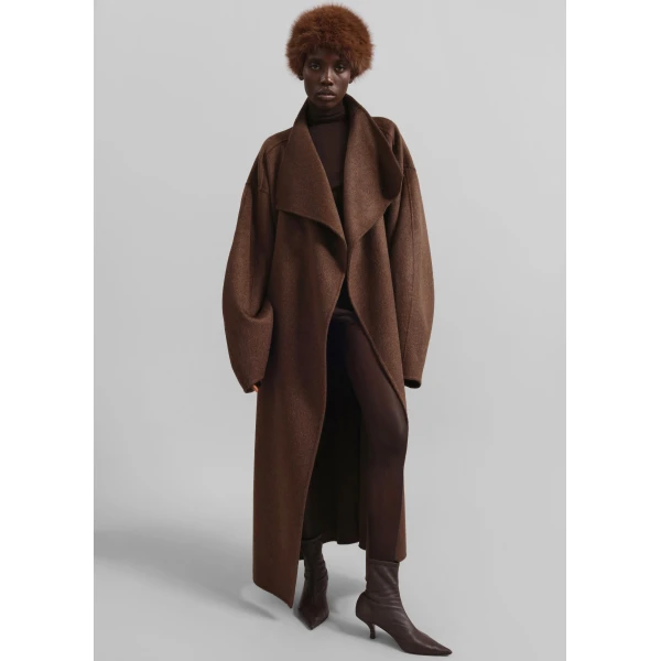 The Frankie Shop Leroy Funnel Neck Wool Coat – Brown Melange, view 5