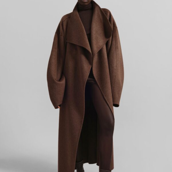 The Frankie Shop Leroy Funnel Neck Wool Coat - Brown Melange - Oversized Minimalist Coats in Brown - Shop at Coveti