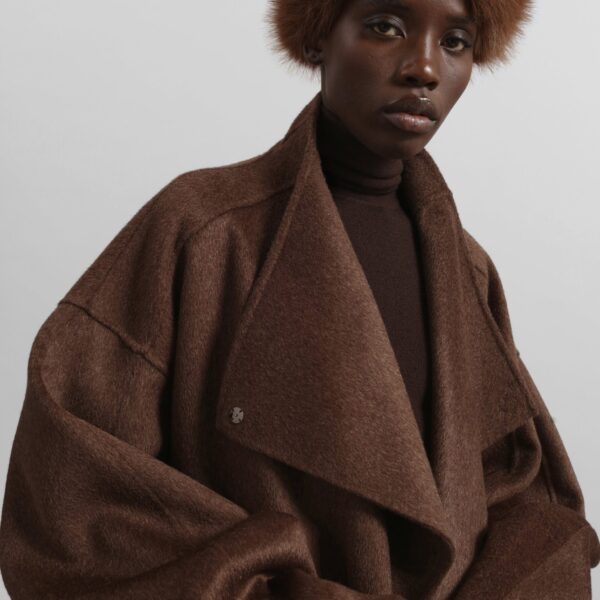 The Frankie Shop Leroy Funnel Neck Wool Coat - Brown Melange - Oversized Minimalist Coats in Brown - Shop at Coveti