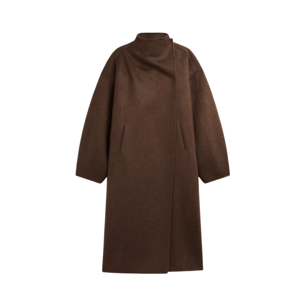 The Frankie Shop Leroy Funnel Neck Wool Coat - Brown Melange - Oversized Minimalist Coats in Brown - Shop at Coveti