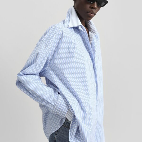 The Frankie Shop Lienz Double Shirt - Blue/White Stripe - Oversized Minimalist Tops in Blue - Shop at Coveti