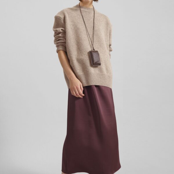 The Frankie Shop Loray Satin Midi Skirt - Burgundy - Oversized Minimalist Skirts in Red - Shop at Coveti