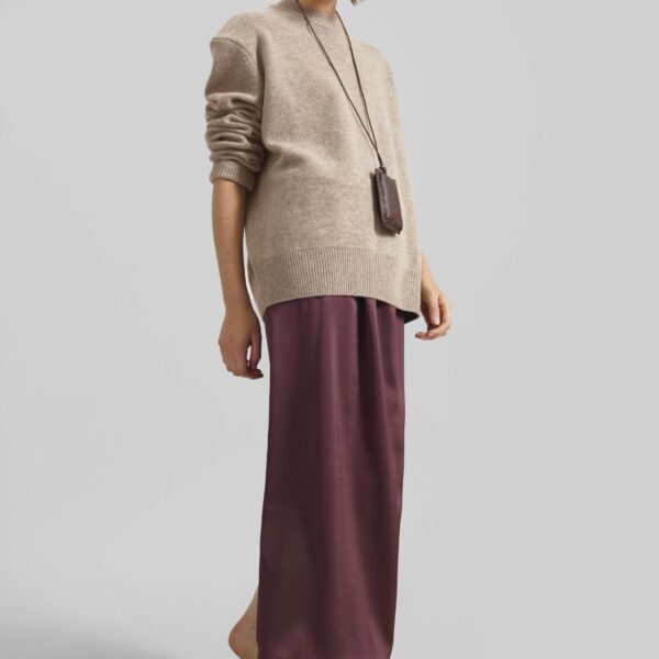 The Frankie Shop Loray Satin Midi Skirt - Burgundy - Oversized Minimalist Skirts in Red - Shop at Coveti