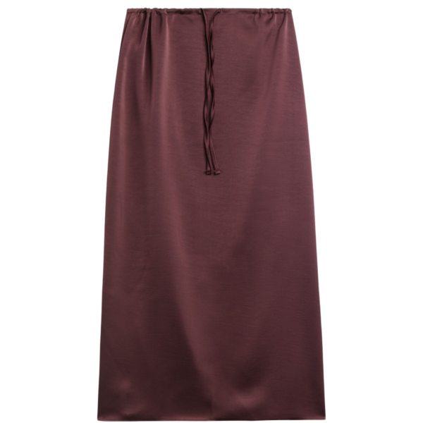 The Frankie Shop Loray Satin Midi Skirt - Burgundy - Oversized Minimalist Skirts in Red - Shop at Coveti