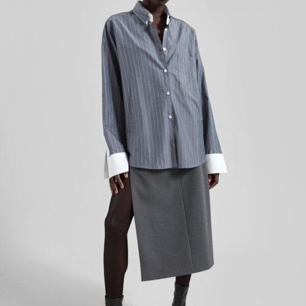 The Frankie Shop Lorna Shirt - Grey/White Pinstripe - Oversized Minimalist Tops in Grey - Shop at Coveti