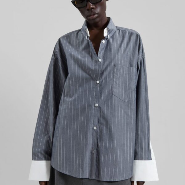 The Frankie Shop Lorna Shirt - Grey/White Pinstripe - Oversized Minimalist Tops in Grey - Shop at Coveti
