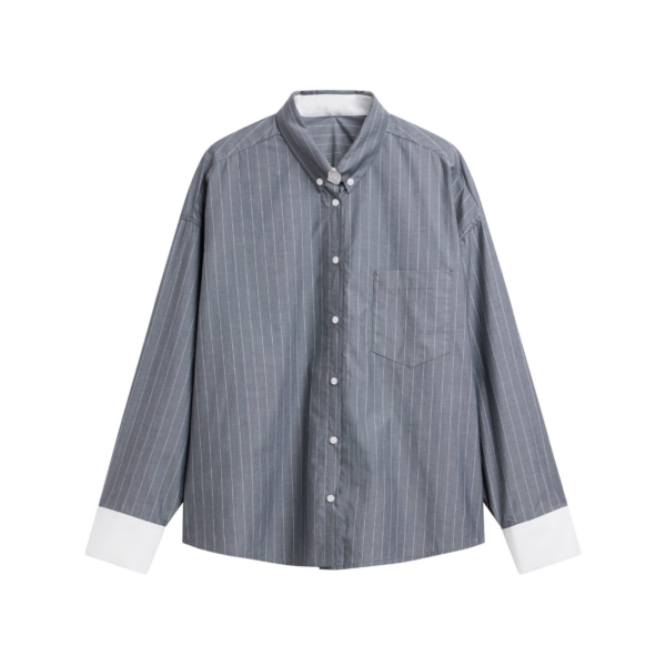 The Frankie Shop Lorna Shirt - Grey/White Pinstripe - Oversized Minimalist Tops in Grey - Shop at Coveti