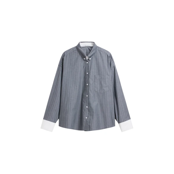 The Frankie Shop Lorna Shirt - Grey/White Pinstripe - Oversized Minimalist Tops in Grey - Shop at Coveti