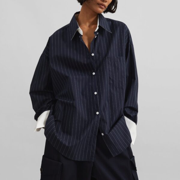 The Frankie Shop Lorna Shirt - Navy/White Pinstripe - Oversized Minimalist Tops in Blue - Shop at Coveti