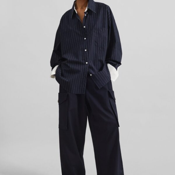The Frankie Shop Lorna Shirt - Navy/White Pinstripe - Oversized Minimalist Tops in Blue - Shop at Coveti