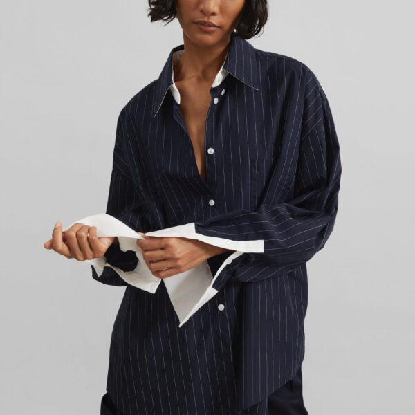 The Frankie Shop Lorna Shirt - Navy/White Pinstripe - Oversized Minimalist Tops in Blue - Shop at Coveti