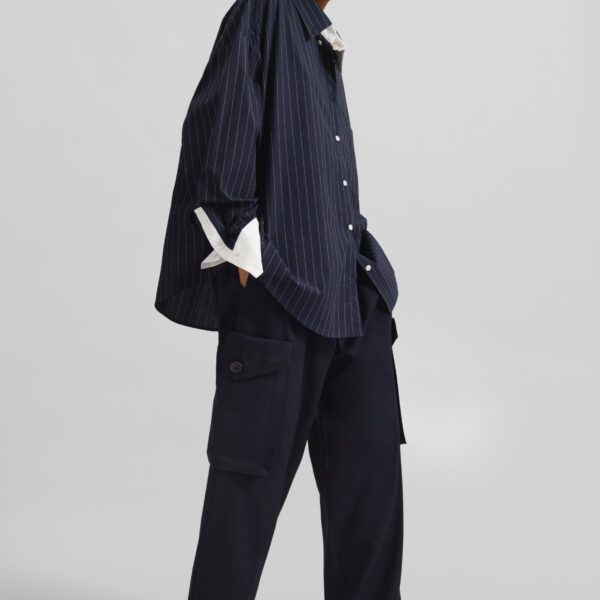 The Frankie Shop Lorna Shirt - Navy/White Pinstripe - Oversized Minimalist Tops in Blue - Shop at Coveti