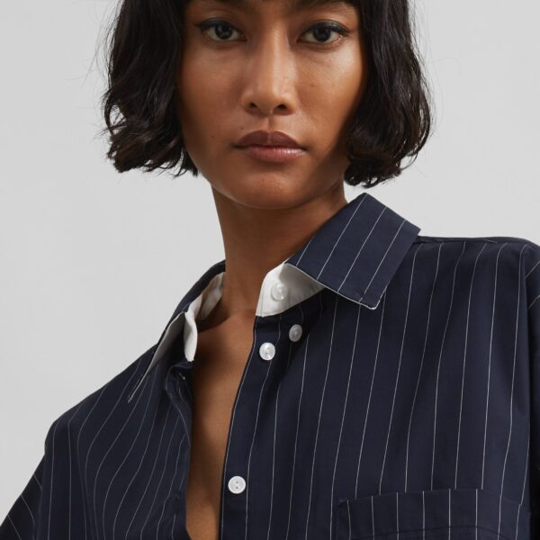 The Frankie Shop Lorna Shirt - Navy/White Pinstripe - Oversized Minimalist Tops in Blue - Shop at Coveti