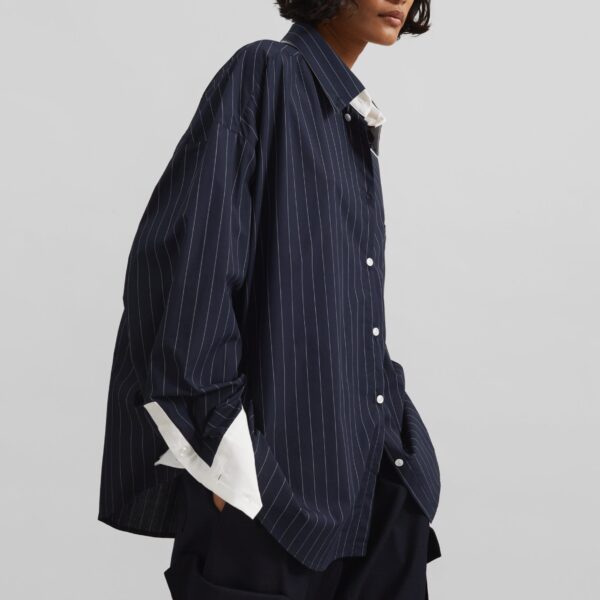 The Frankie Shop Lorna Shirt - Navy/White Pinstripe - Oversized Minimalist Tops in Blue - Shop at Coveti