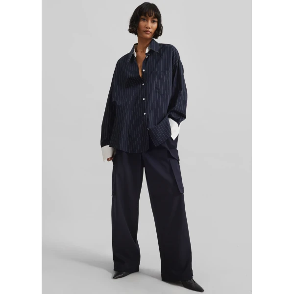The Frankie Shop Lorna Shirt – Navy/White Pinstripe, view 8