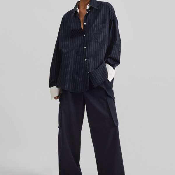 The Frankie Shop Lorna Shirt - Navy/White Pinstripe - Oversized Minimalist Tops in Blue - Shop at Coveti