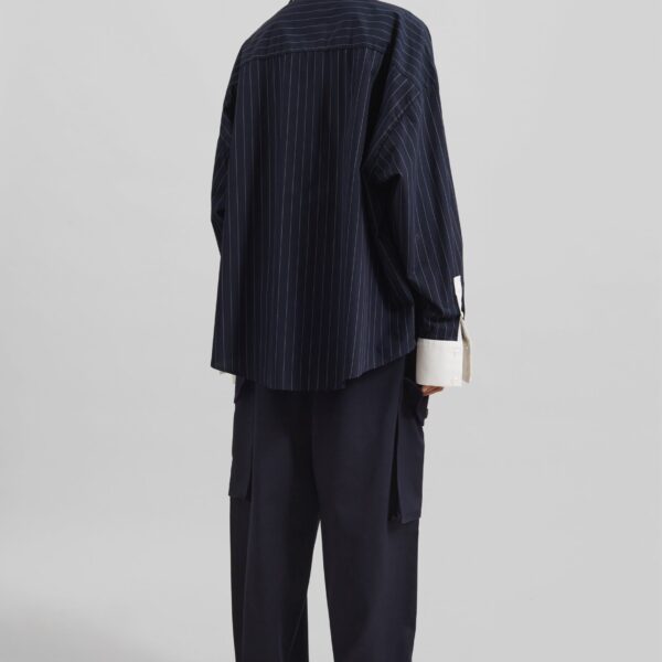 The Frankie Shop Lorna Shirt - Navy/White Pinstripe - Oversized Minimalist Tops in Blue - Shop at Coveti