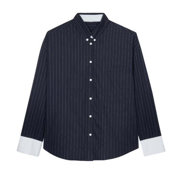 The Frankie Shop Lorna Shirt - Navy/White Pinstripe - Oversized Minimalist Tops in Blue - Shop at Coveti
