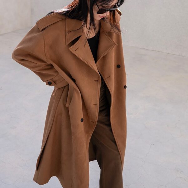 The Frankie Shop Lulea Faux Suede Trench Coat - Camel - Oversized Minimalist Coats in Brown - Shop at Coveti