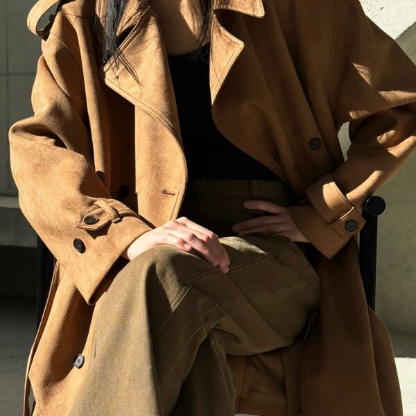 The Frankie Shop Lulea Faux Suede Trench Coat - Camel - Oversized Minimalist Coats in Brown - Shop at Coveti