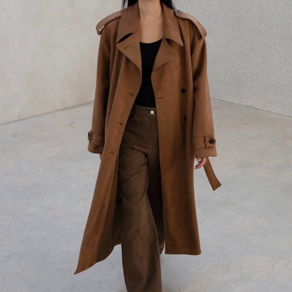 The Frankie Shop Lulea Faux Suede Trench Coat - Camel - Oversized Minimalist Coats in Brown - Shop at Coveti
