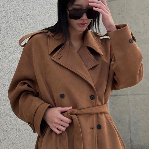 The Frankie Shop Lulea Faux Suede Trench Coat - Camel - Oversized Minimalist Coats in Brown - Shop at Coveti