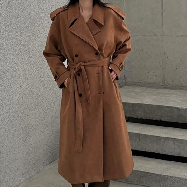 The Frankie Shop Lulea Faux Suede Trench Coat - Camel - Oversized Minimalist Coats in Brown - Shop at Coveti