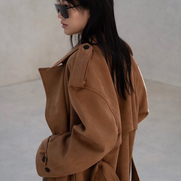 The Frankie Shop Lulea Faux Suede Trench Coat - Camel - Oversized Minimalist Coats in Brown - Shop at Coveti