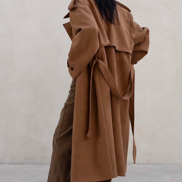 The Frankie Shop Lulea Faux Suede Trench Coat - Camel - Oversized Minimalist Coats in Brown - Shop at Coveti