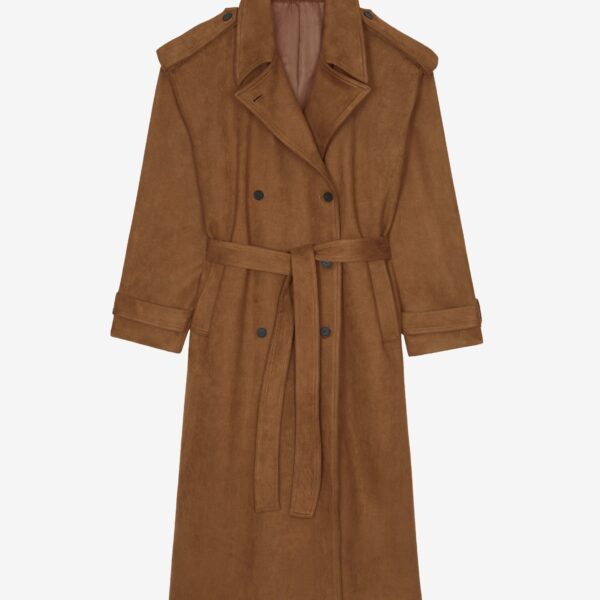 The Frankie Shop Lulea Faux Suede Trench Coat - Camel - Oversized Minimalist Coats in Brown - Shop at Coveti