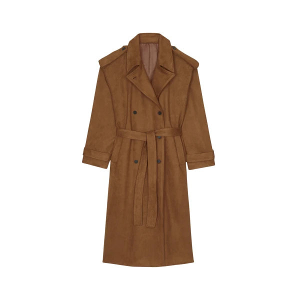 The Frankie Shop Lulea Faux Suede Trench Coat - Camel - Oversized Minimalist Coats in Brown - Shop at Coveti