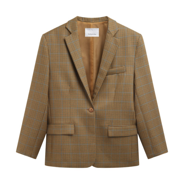The Frankie Shop Lyra Oversized Houndstooth Blazer - Camel - Oversized Minimalist Jackets in Brown - Shop at Coveti