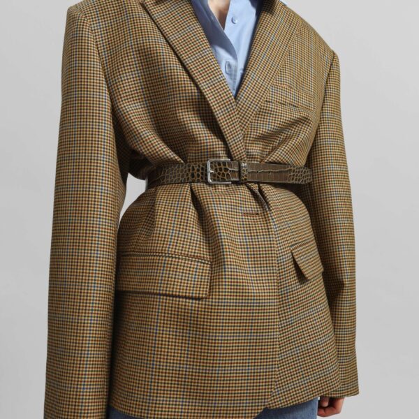 The Frankie Shop Lyra Oversized Houndstooth Blazer - Camel - Oversized Minimalist Jackets in Brown - Shop at Coveti