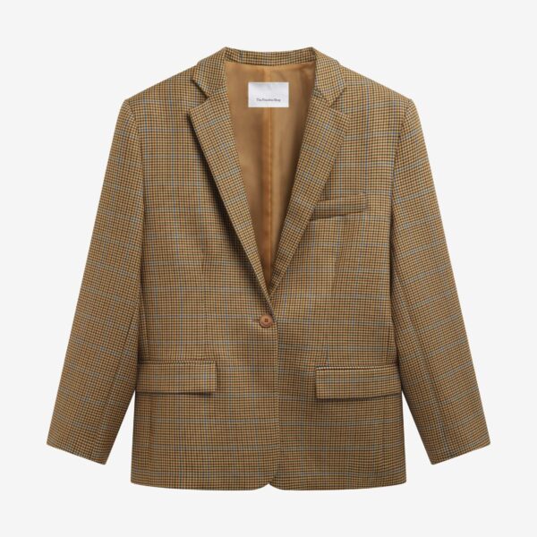 The Frankie Shop Lyra Oversized Houndstooth Blazer - Camel - Oversized Minimalist Jackets in Brown - Shop at Coveti