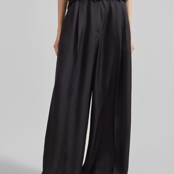 The Frankie Shop Marfa Pleated Silk Trousers - Black - Oversized Minimalist Pants in Black - Shop at Coveti