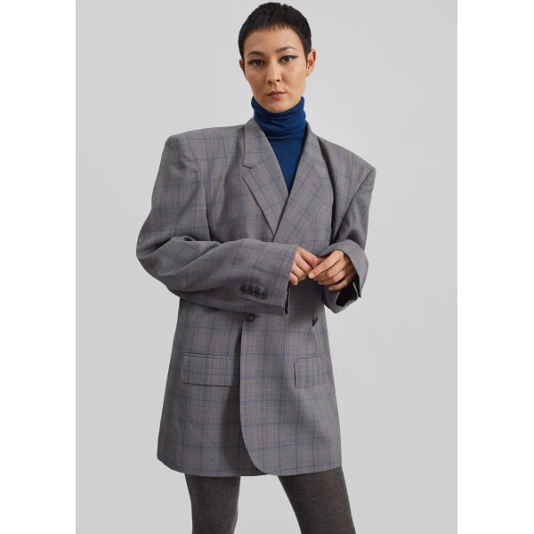 The Frankie Shop Marnay Padded Blazer – Grey Plaid, view 7